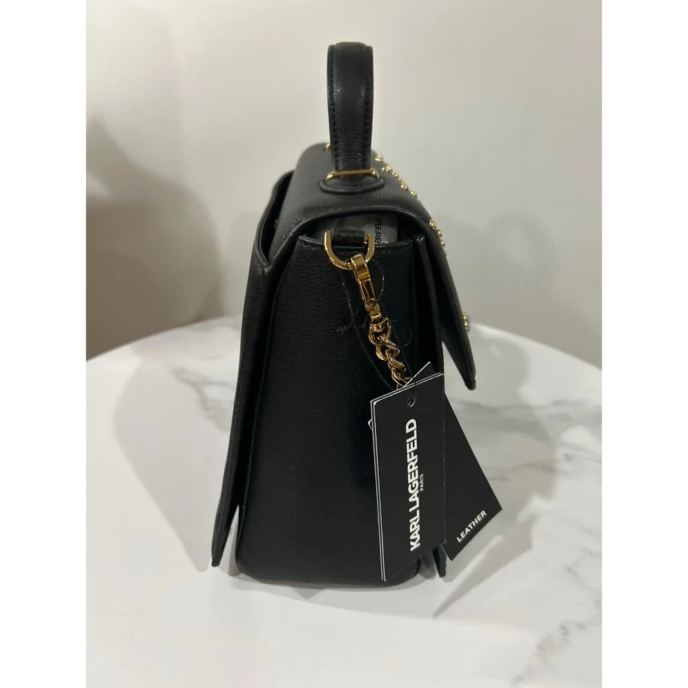 KARL LAGERFELD Paris Black Leather Studded Crossbody Flap Bag‎ - Picture 6 of 12